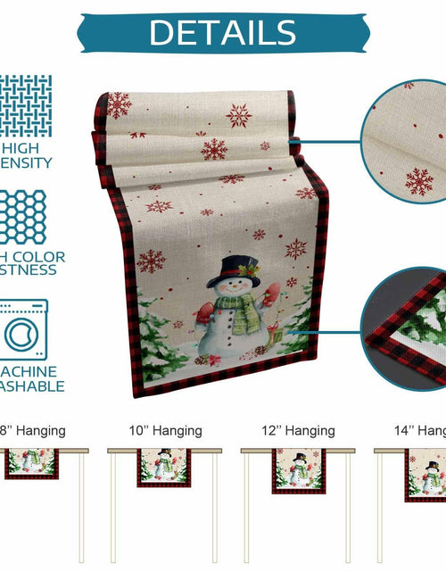 Load image into Gallery viewer, Christmas Table Runner Snowman Burlap Linen 108in Xmas Tree Snowflake Decor

