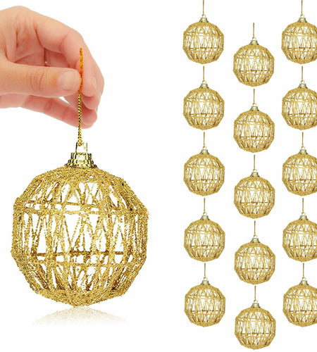 16 Golden Christmas Balls Ornaments 2.36in Gold Glitter Tree Decor
