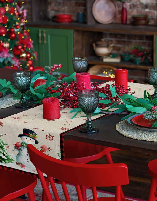 Load image into Gallery viewer, Christmas Table Runner Snowman Burlap Linen 108in Xmas Tree Snowflake Decor
