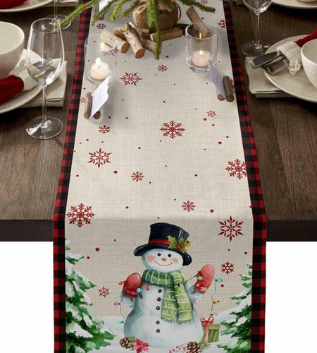 Christmas Table Runner Snowman Burlap Linen 108in Xmas Tree Snowflake Decor