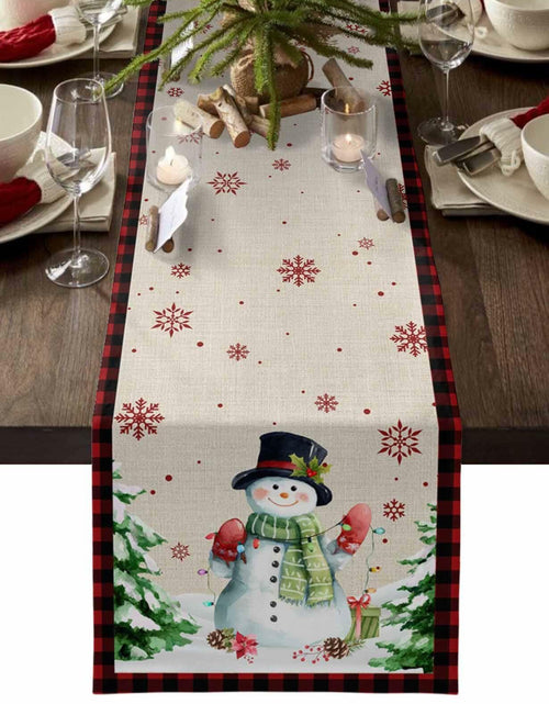 Load image into Gallery viewer, Christmas Table Runner Snowman Burlap Linen 108in Xmas Tree Snowflake Decor

