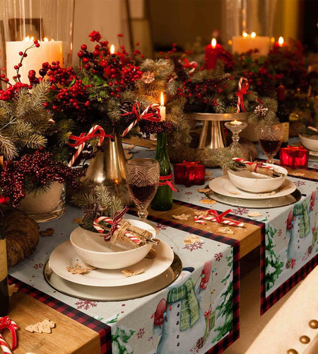 Christmas Table Runner Snowman Burlap Linen 108in Xmas Tree Snowflake Decor