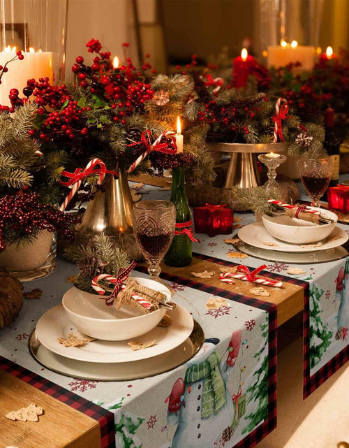Load image into Gallery viewer, Christmas Table Runner Snowman Burlap Linen 108in Xmas Tree Snowflake Decor
