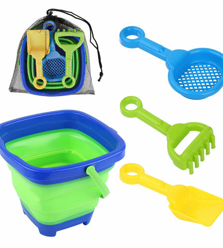 Beach Toys Set Collapsible Bucket 3 Shovels Mesh Bag Foldable Pail Toddler
