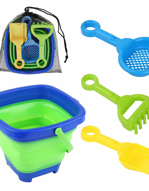 Load image into Gallery viewer, Beach Toys Set Collapsible Bucket 3 Shovels Mesh Bag Foldable Pail Toddler
