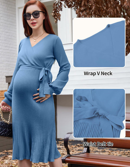 Load image into Gallery viewer, V FOR CITY Maternity Sweater Dress Wrap Knit Pleated Midi Blue Size M
