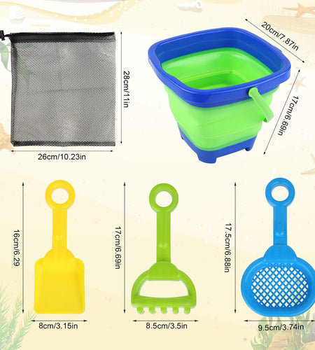 Beach Toys Set Collapsible Bucket 3 Shovels Mesh Bag Foldable Pail Toddler