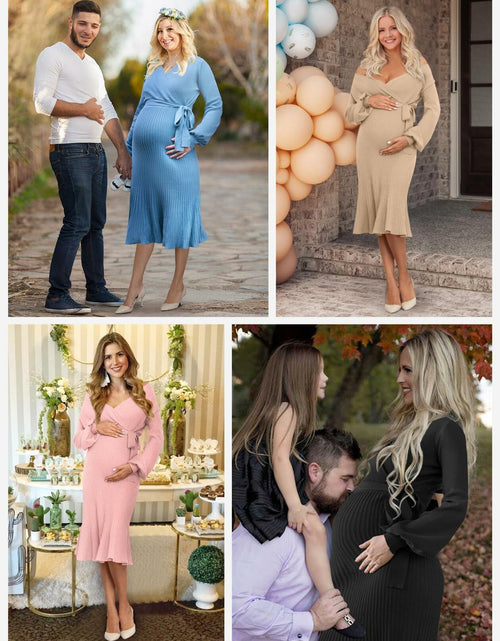 Load image into Gallery viewer, V FOR CITY Maternity Sweater Dress Wrap Knit Pleated Midi Blue Size M
