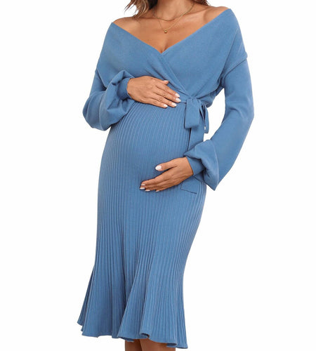 V FOR CITY Maternity Sweater Dress Wrap Knit Pleated Midi Blue Size M
