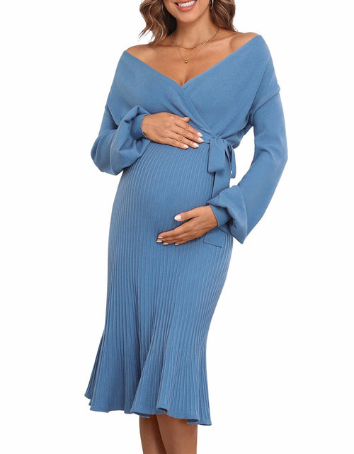 Load image into Gallery viewer, V FOR CITY Maternity Sweater Dress Wrap Knit Pleated Midi Blue Size M
