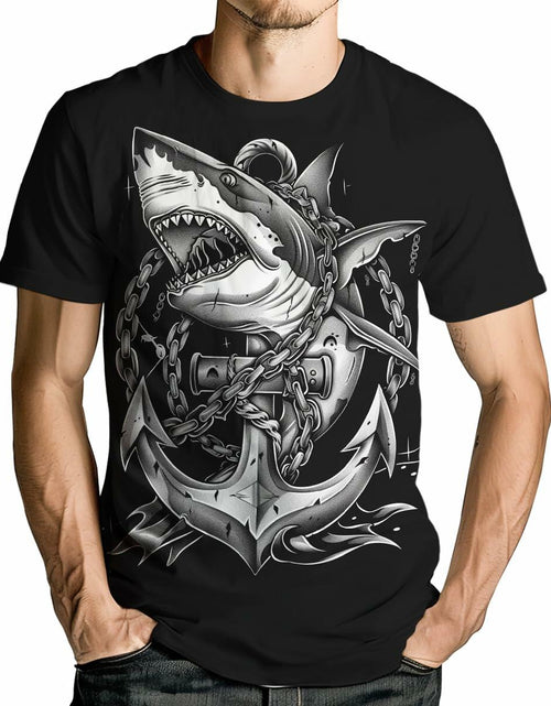 Load image into Gallery viewer, Faiwvhe Men's Creative Shark Graphic T-Shirt Black Summer Short Sleeves Size L
