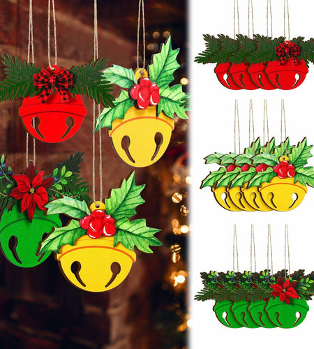 12 Pcs 3D Wooden Christmas Jingle Bell Ornaments Buffalo Plaid Bow