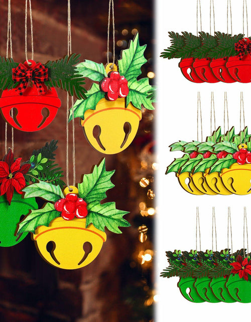 Load image into Gallery viewer, 12 Pcs 3D Wooden Christmas Jingle Bell Ornaments Buffalo Plaid Bow
