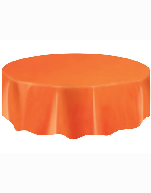 Load image into Gallery viewer, Vibrant Orange Round Plastic Table Cover 84" 1 Count Durable Reusable
