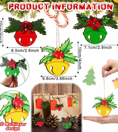 12 Pcs 3D Wooden Christmas Jingle Bell Ornaments Buffalo Plaid Bow