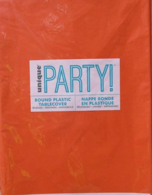 Load image into Gallery viewer, Vibrant Orange Round Plastic Table Cover 84" 1 Count Durable Reusable
