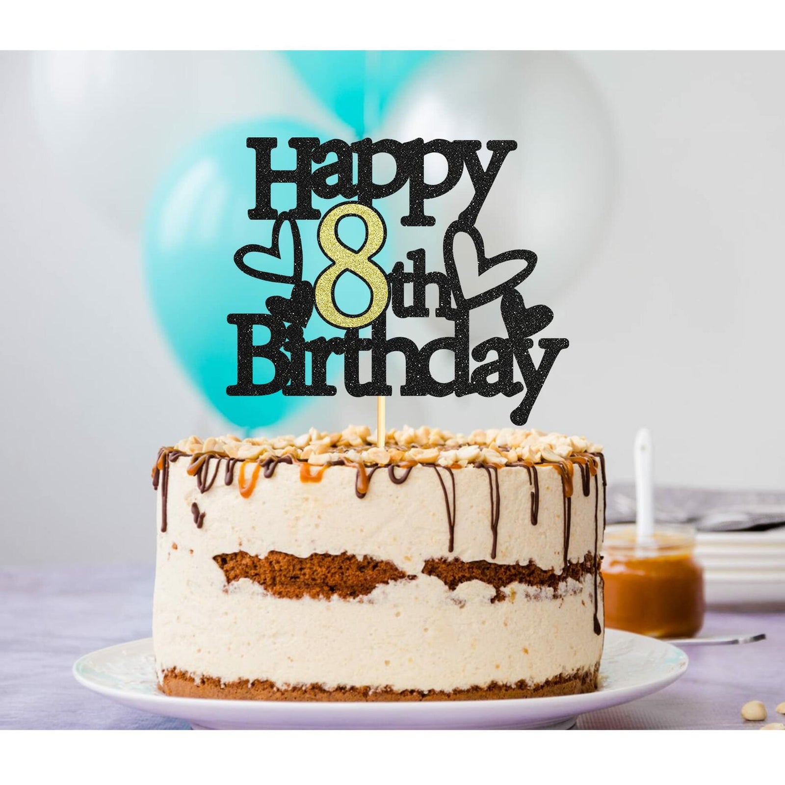 Sumerk 8th Birthday Cake Topper Black Gold Glitter Party Decoration