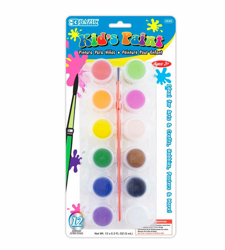 BAZIC Kids Paint Set 12 Colors 60ml Non-Toxic Vibrant Colors 1-Pack