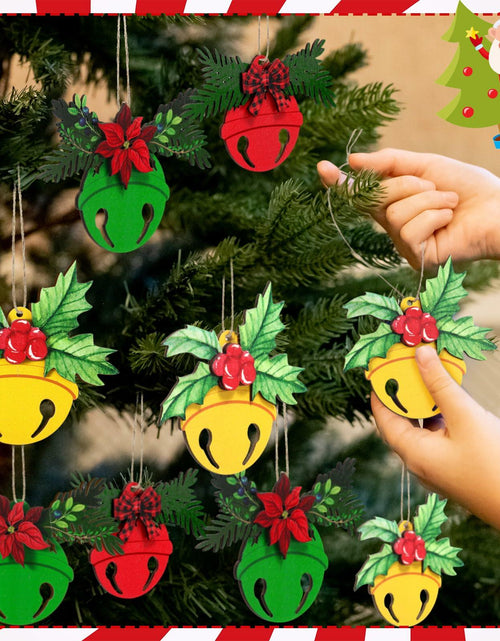 Load image into Gallery viewer, 12 Pcs 3D Wooden Christmas Jingle Bell Ornaments Buffalo Plaid Bow
