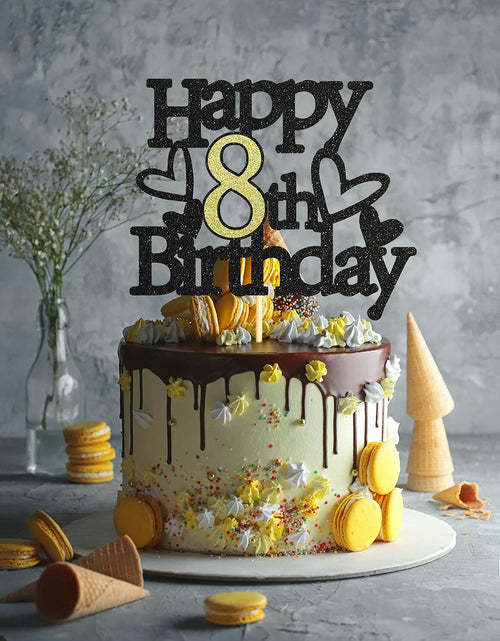 Load image into Gallery viewer, Sumerk 8th Birthday Cake Topper Black Gold Glitter Party Decoration
