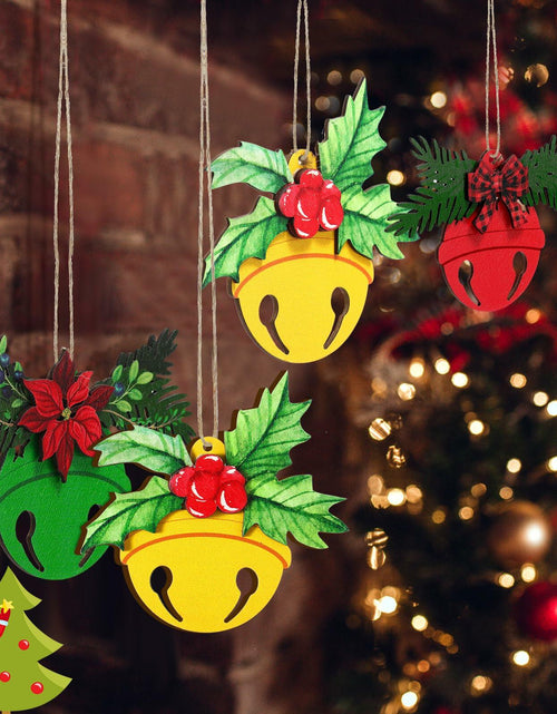 Load image into Gallery viewer, 12 Pcs 3D Wooden Christmas Jingle Bell Ornaments Buffalo Plaid Bow
