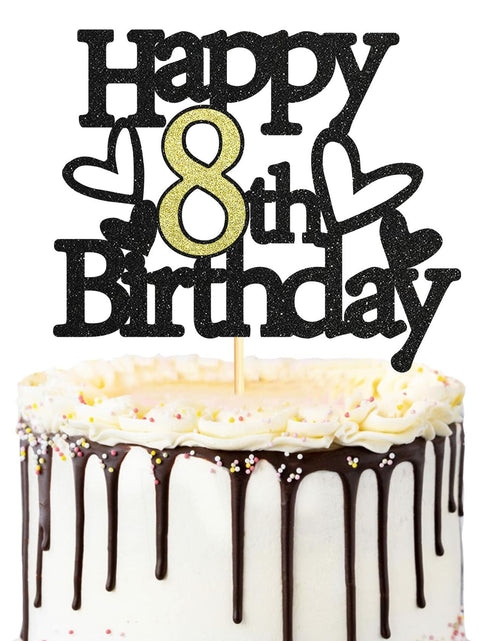 Load image into Gallery viewer, Sumerk 8th Birthday Cake Topper Black Gold Glitter Party Decoration
