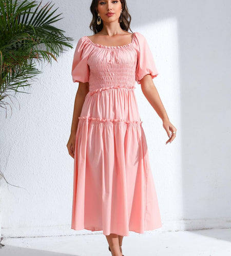 Love Welove Fashion Women's Formal Midi Puff Sleeve Dress Pastel Pink
