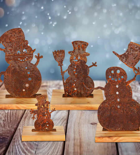 Vercraft 4 Pc Metal Vintage Snowman Tabletop Decor with Wooden Base Rusty