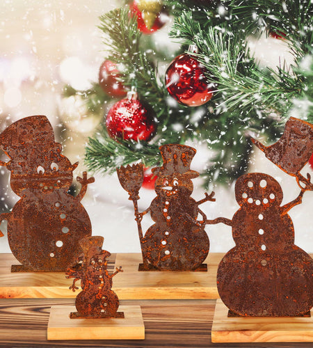 Vercraft 4 Pc Metal Vintage Snowman Tabletop Decor with Wooden Base Rusty
