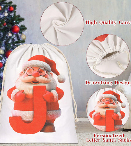 CCINEE Canvas Santa Sack Personalized Letter J Drawstring Red 27x20in