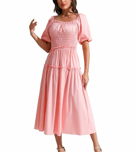 Love Welove Fashion Women's Formal Midi Puff Sleeve Dress Pastel Pink