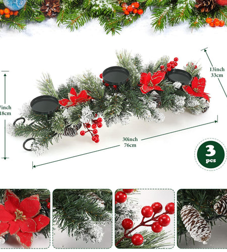 [Like New] 30" Artificial Christmas Centerpiece Red Flowers Berries Pinecones 3 Candle