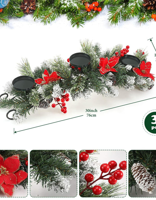 Load image into Gallery viewer, [Like New] 30" Artificial Christmas Centerpiece Red Flowers Berries Pinecones 3 Candle
