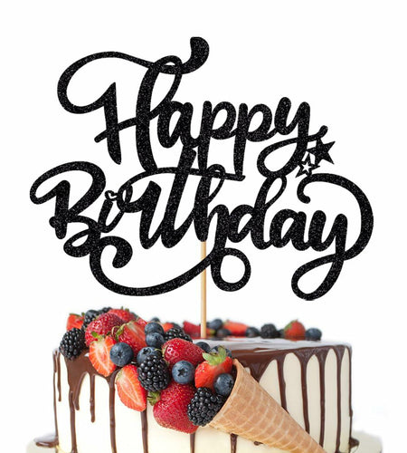 [Like_new] Crseniny Happy Birthday Cake Topper Black Glitter Party Decoration Black