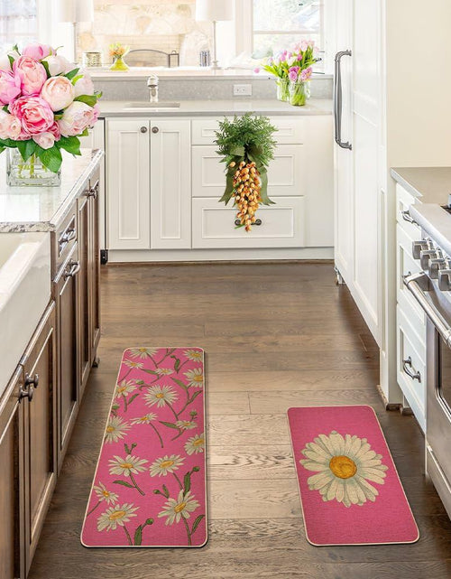 Load image into Gallery viewer, Spring Kitchen Mats Set of 2 Floral Daisy Rugs Pink 17x29 &amp; 17x47 Inch
