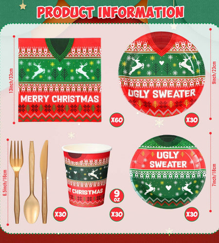 Yaomiao 180 Pcs Xmas Ugly Sweater Party Supplies Set Vintage Plates Cups Napkins