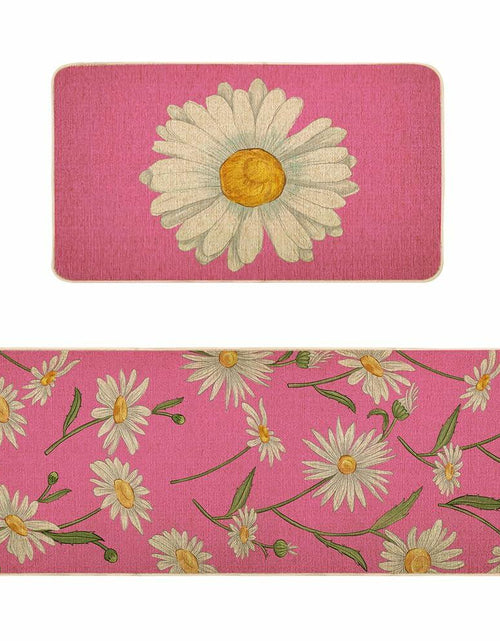 Load image into Gallery viewer, Spring Kitchen Mats Set of 2 Floral Daisy Rugs Pink 17x29 &amp; 17x47 Inch

