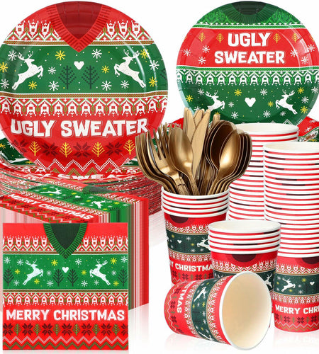 Yaomiao 180 Pcs Xmas Ugly Sweater Party Supplies Set Vintage Plates Cups Napkins