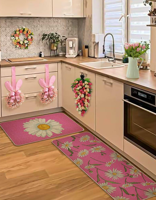 Load image into Gallery viewer, Spring Kitchen Mats Set of 2 Floral Daisy Rugs Pink 17x29 &amp; 17x47 Inch
