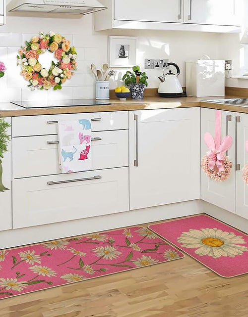 Load image into Gallery viewer, Spring Kitchen Mats Set of 2 Floral Daisy Rugs Pink 17x29 &amp; 17x47 Inch
