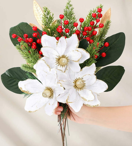 24 Pcs Artificial Christmas Magnolia Pine Berry Stems Red Glitter