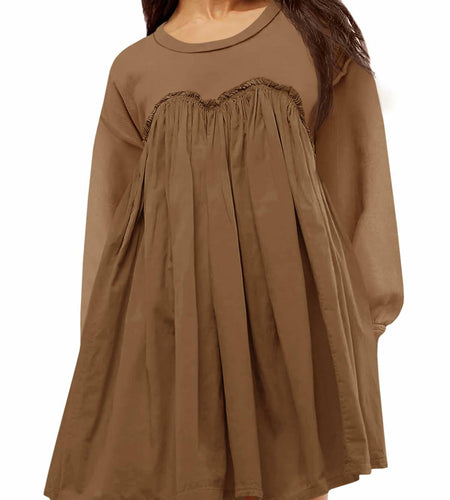 Wenrine Womens Long Sleeve Patchwork Sweatshirt Dress Mini Coffee M