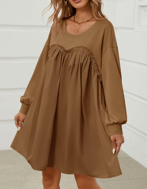 Load image into Gallery viewer, Wenrine Womens Long Sleeve Patchwork Sweatshirt Dress Mini Coffee M
