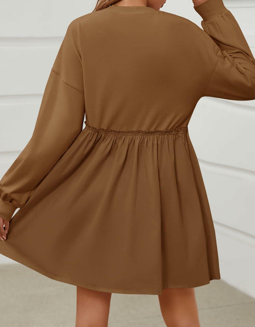 Load image into Gallery viewer, Wenrine Womens Long Sleeve Patchwork Sweatshirt Dress Mini Coffee M
