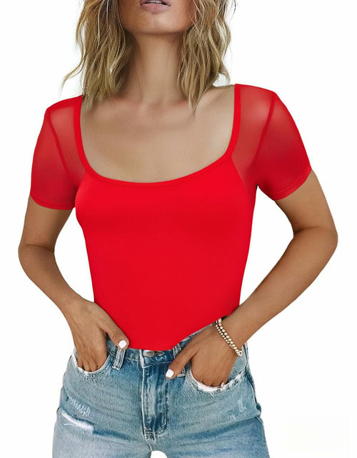 Load image into Gallery viewer, CRIPOM Women's Square Neck Sheer Sleeve Bodysuit Red Size XL
