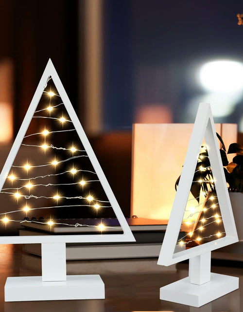 Load image into Gallery viewer, Cinnvoice Wood Christmas Tree with Lights Set of 2 White 13.4" &amp; 9.8"
