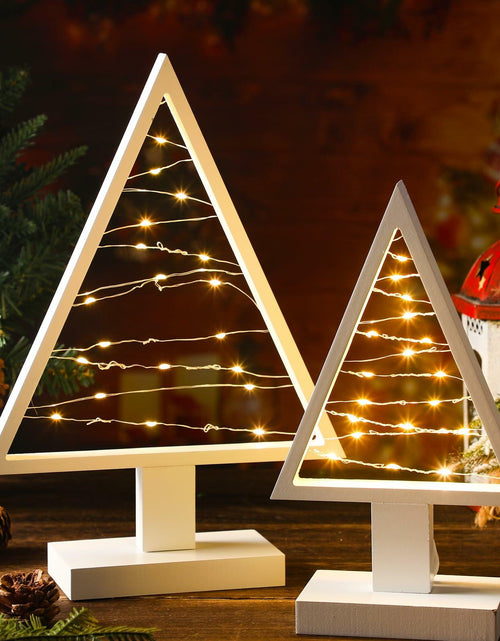 Load image into Gallery viewer, Cinnvoice Wood Christmas Tree with Lights Set of 2 White 13.4" &amp; 9.8"
