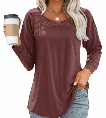 Uincloset Women's Long Sleeve Lace Crochet Tunic Blouse Wine Red Size XXL