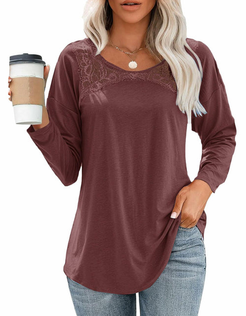 Load image into Gallery viewer, Uincloset Women's Long Sleeve Lace Crochet Tunic Blouse Wine Red Size XXL

