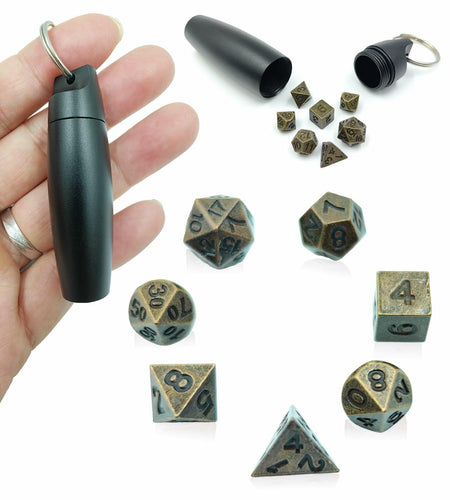 SIMXEHAY Mini Metal DND Dice Set Stainless Steel Case Antique Bronze Black